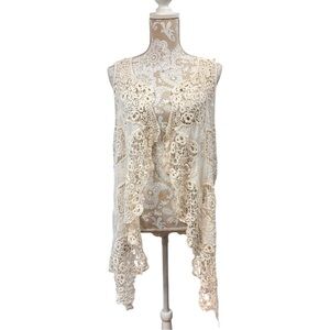 Crochet Embroidered Ivory Boho Festival Hippie Open Front Layering Vest M/L
